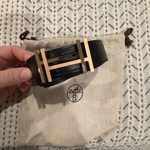 Hermes Black Leather Belt with Gold 'H' Buckle